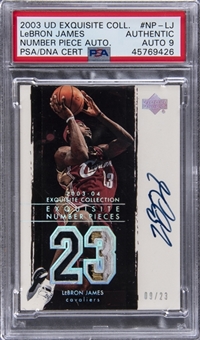 2003-04 UD "Exquisite Collection" Number Piece Autographs #LJ LeBron James Signed Game Used Patch Rookie Card (#09/23) – PSA Authentic, PSA/DNA 9
